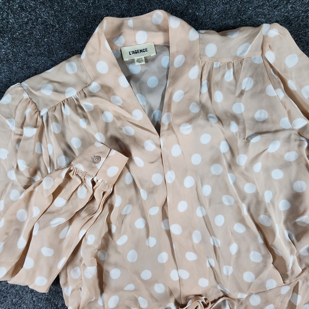 L'AGENCE Cara Silk Wrap Blouse Womens XS Peach Polka Dot Front‎ Sash Tie